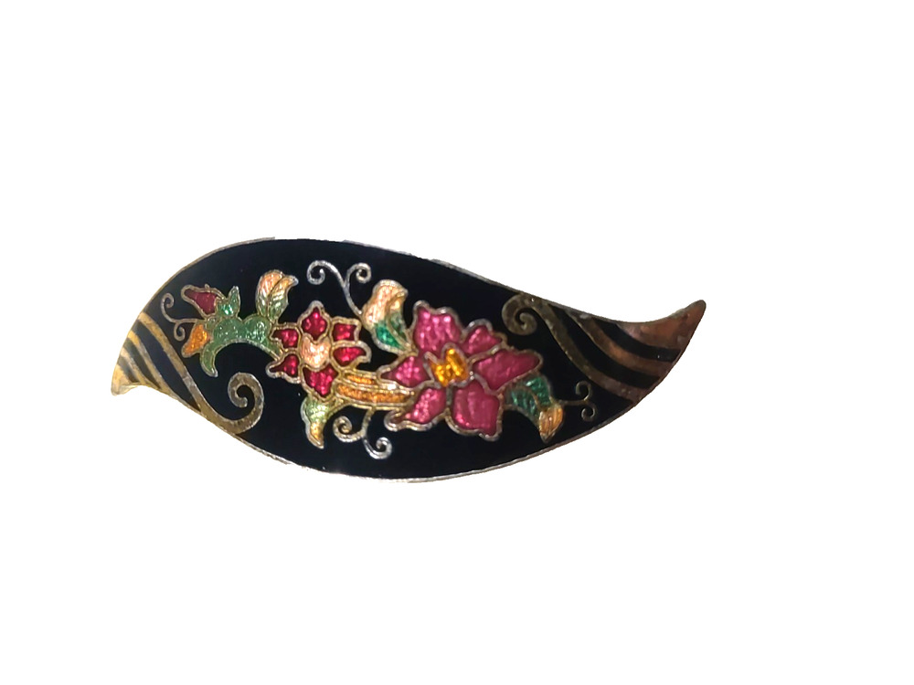Enamel Hair Barrette Tension Clip Black Floral Regency Style Elegant Feminine
